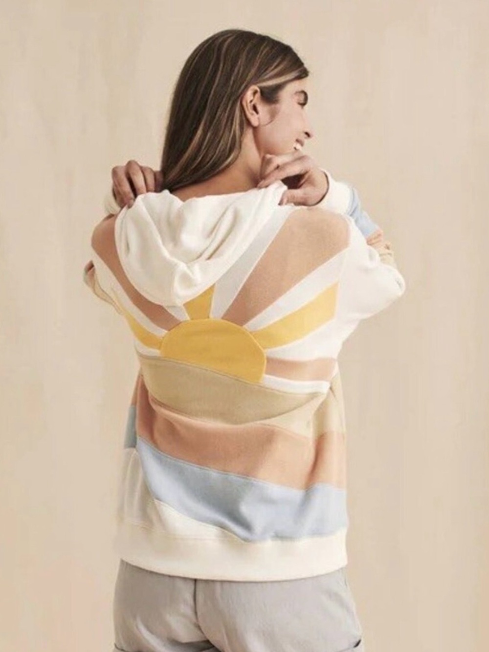 Faherty Cream Hoodie with Sunrise Patch in Yellow, Peach & Blue